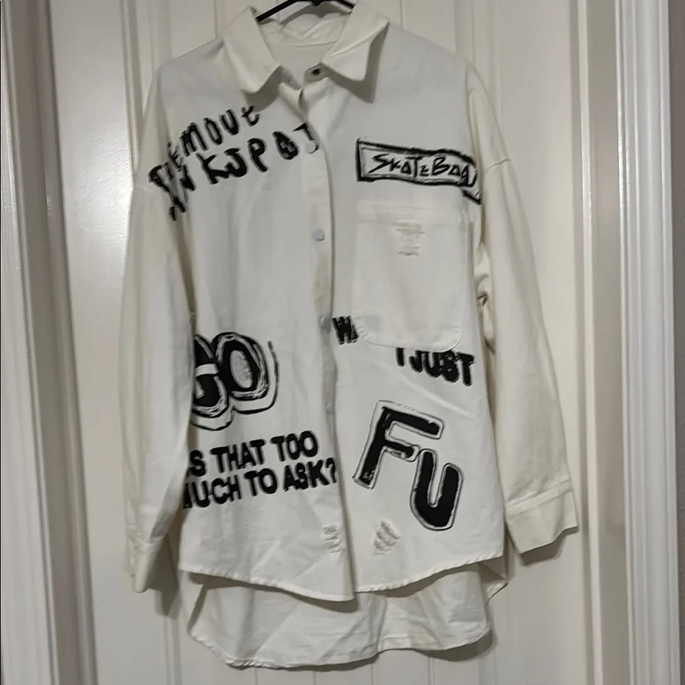 LA Rose White Graphic Button-Up Shirt oversized - Picture 1 of 1